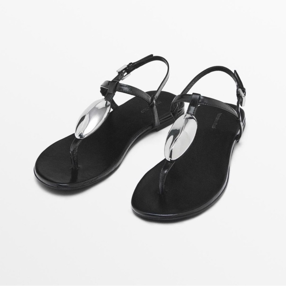 Massimo Dutti Black Sandals with Silver Buckle